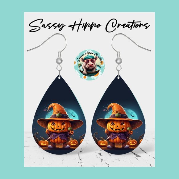 Earrings Jack O Lantern Spooky Halloween Pumpkin Hand Sublimated Printed on MDF - Picture 1 of 3